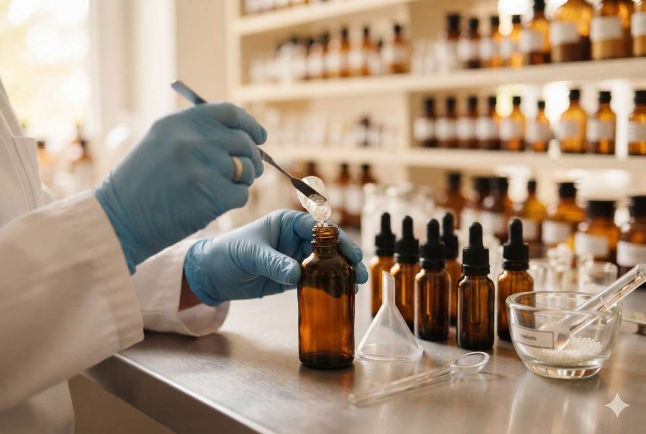 Preparación de medicamentos homeopáticos con frascos gotero ámbar y glóbulos.